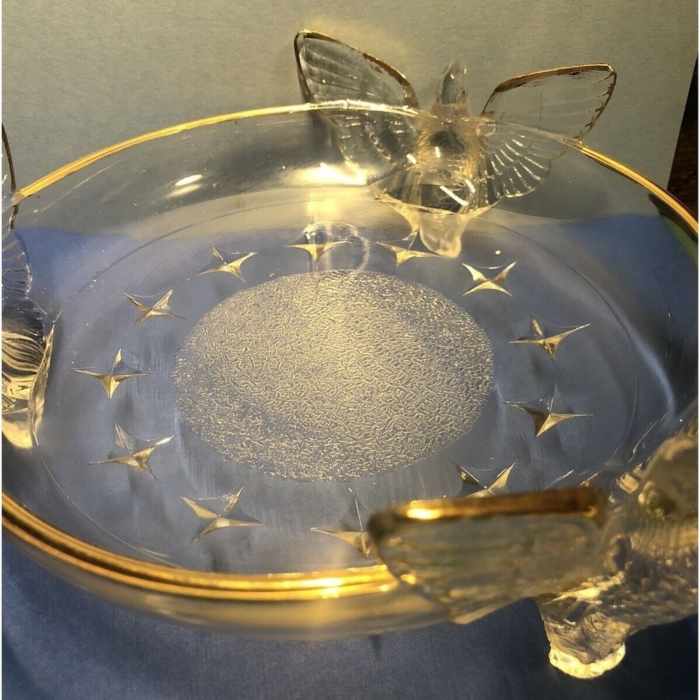 Glass Candy Dish Bowl American Eagle 3-Footed Embossed Stars Gold Trim Vintage - Picture 5 of 13